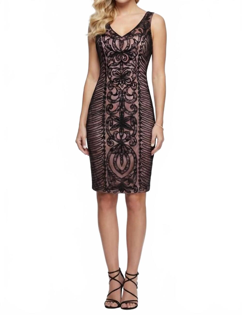 NEW SUE WONG sleeveless embroidered swirl party dress in black rose